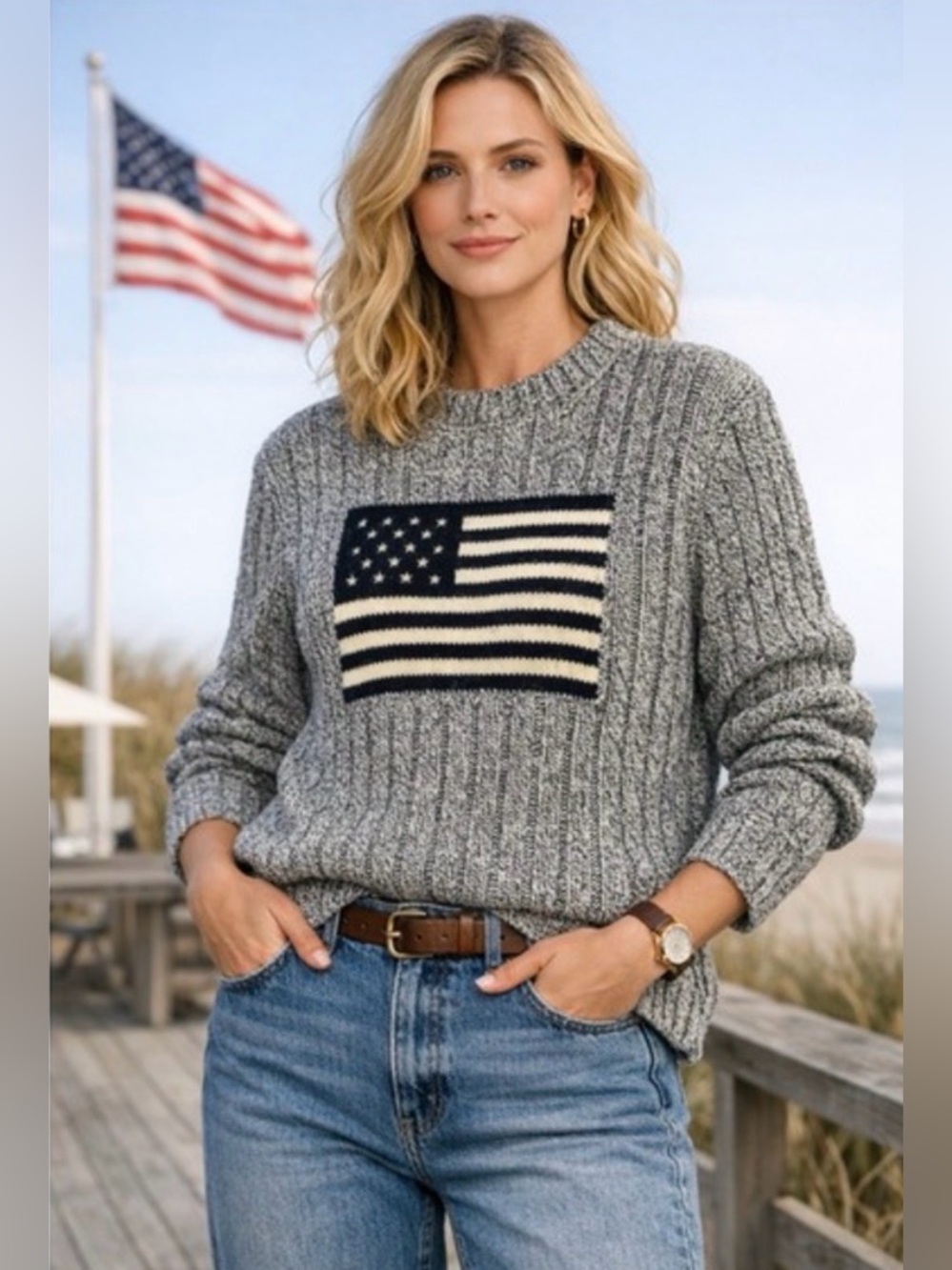 Vintage Ralph Lauren Flag Sweater Large Gray
